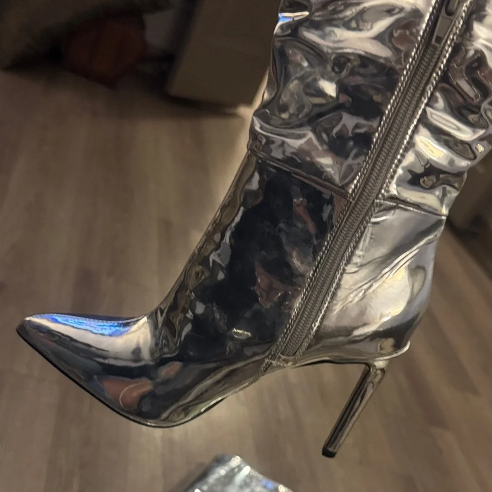 INC Iyonna Slouchy Faux Leather Over The Knee Boots Women's 5M Silver Side Zip